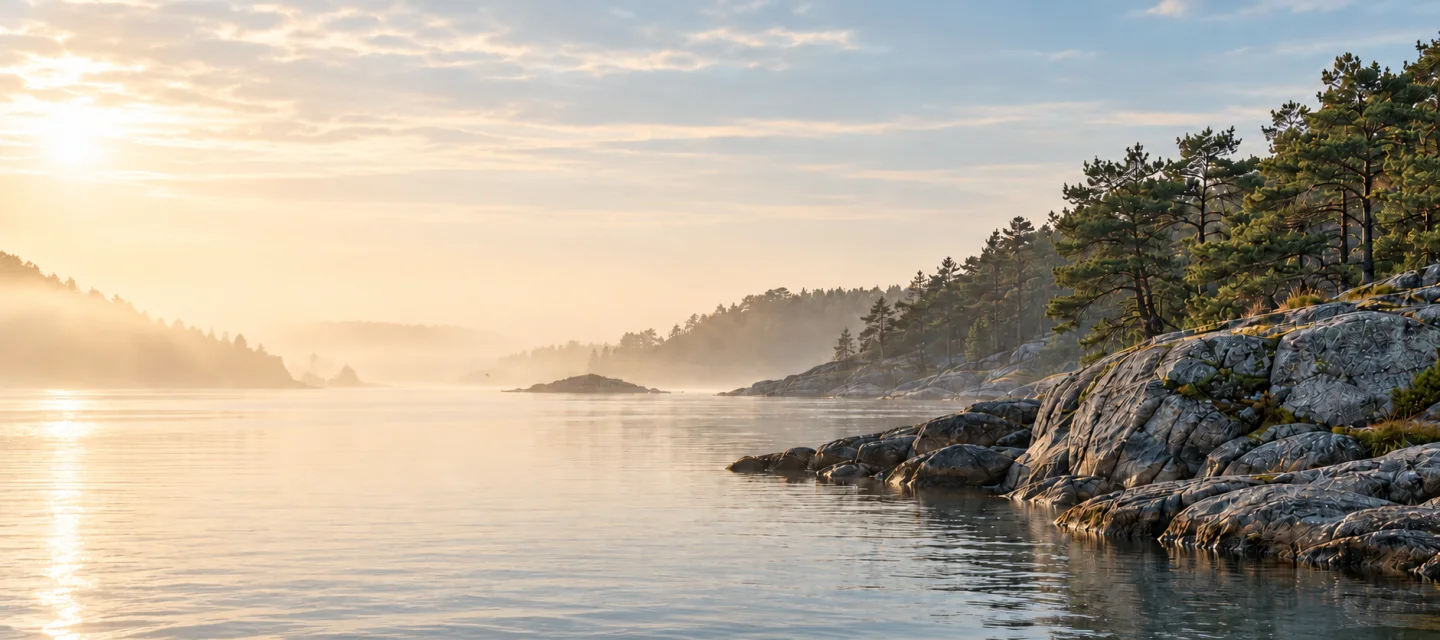 Klippor och tallar vid en stilla skärgårdsvik